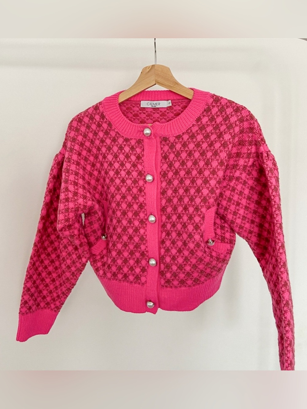 Pink Checkered Cardigan with Pearl Buttons